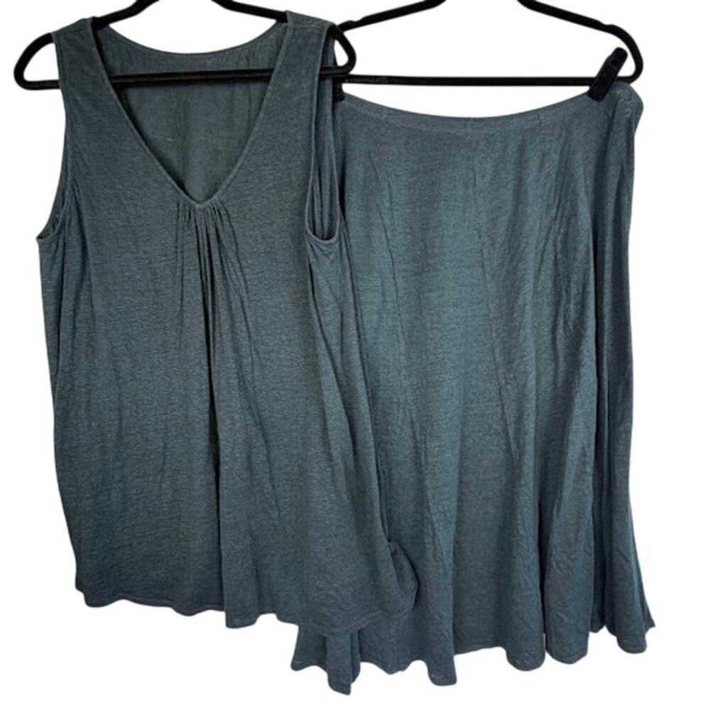 Eileen Fisher 100% Linen Set XL Gray Pleated Tank & Midi Skirt Lagenlook $400